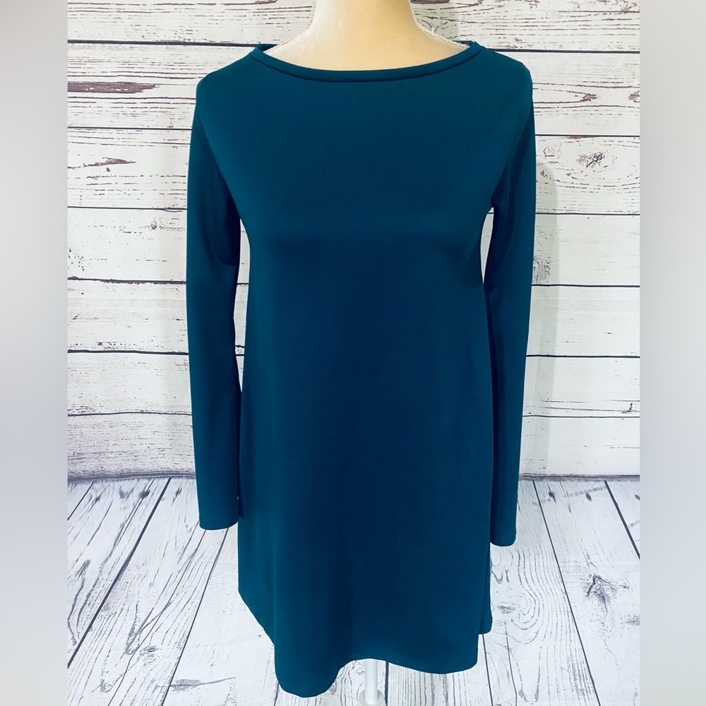 Women’s Small Dress Zara Teal Long Flare Sleeves Soft Textured U Neck